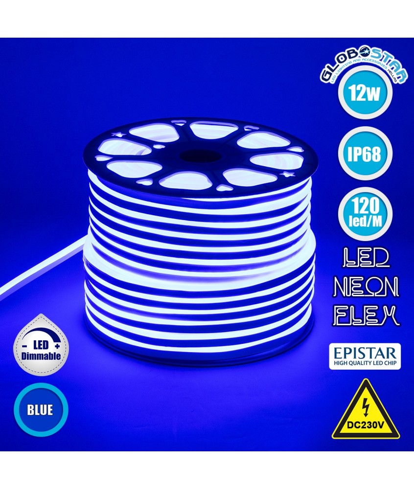 GLOBOSTAR® OVALE 70575 Ταινία Neon Flex LED 12W-m 600lm-m 120° DC 220-240V Αδιάβροχο IP65 120 x SMD2835 Chip-m Μπλε Dimmable - Sanan SMD Chip - Μ100 x Π0.8 x Υ1.6cm - 3 Χρόνια Εγγύηση